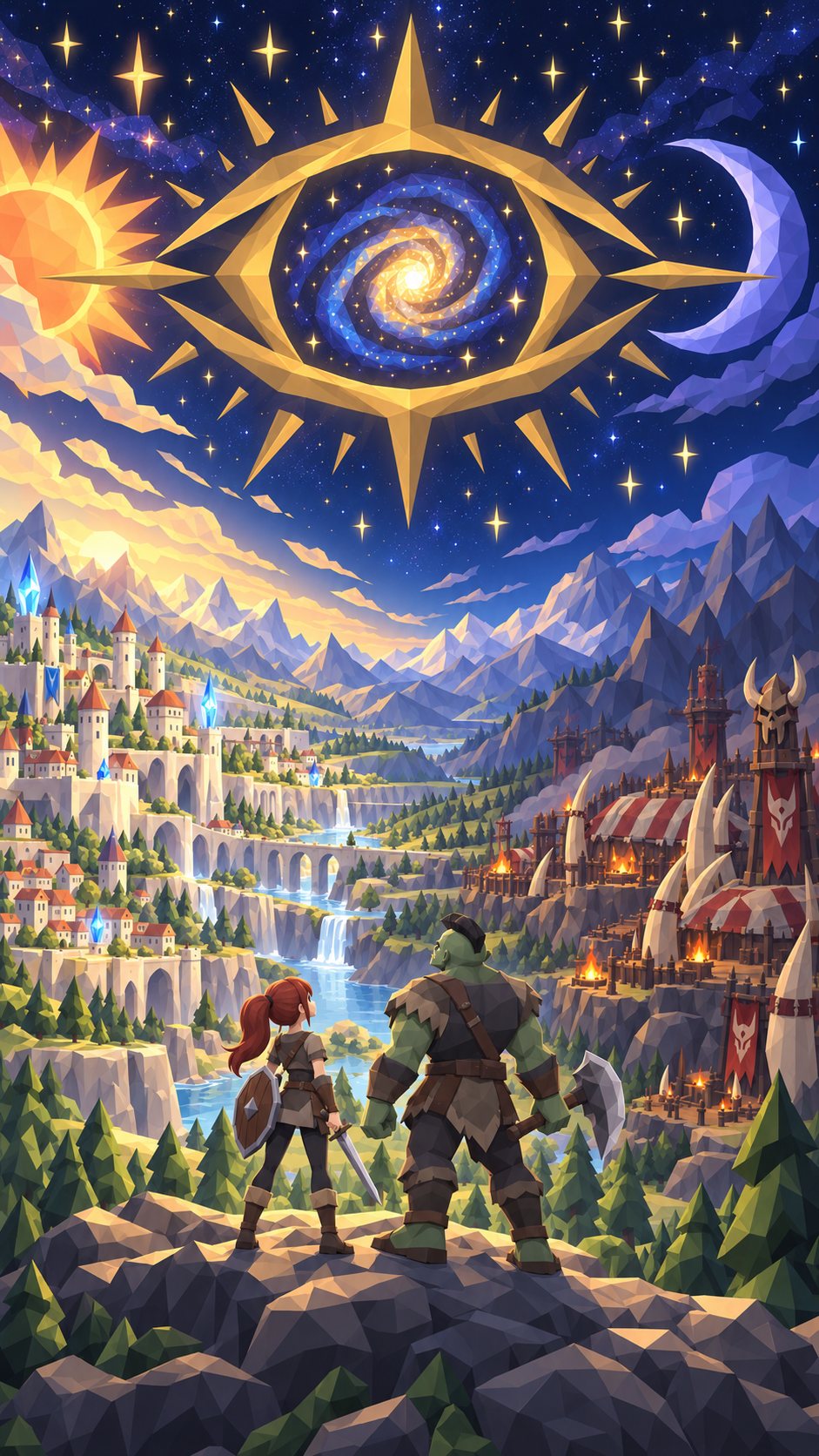 A swordswoman and an orc with an axe stand on a ridge between a crystal city and a tusk fortress, under a gold eye in a starry sky.